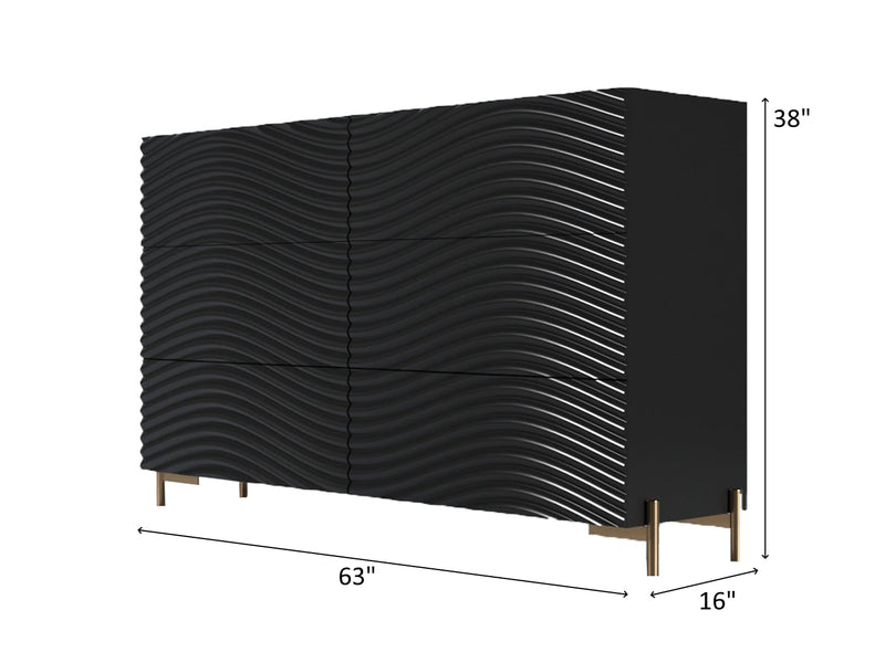 Wave 63" Wide 6 Drawer Black Dresser With Mirror